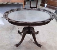 Ornate oval table Glass top Vintage wooden , remov
