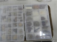 4 containers of mineral samples and arrowheads