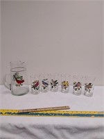 Bird lovers beverage pitcher and six glasses