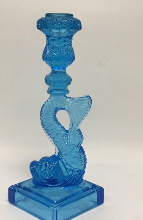 Blue Glass Dolphin Foot Candle Stick