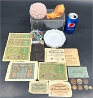 Estate Treasure Box of Left Overs - Coins, Kewpie+