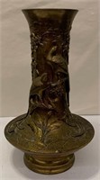 Signed Oriental Bronze Vase With High Relief Birds