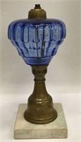 Blue Glass And Brass Oil Lamp On Marble Base