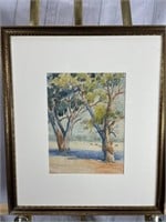 Watercolor 1936 Signed Trees Cattle Nice A&C Frame