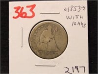 1853 SEATED QUARTER WITH RAYS