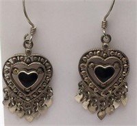 Sterling Silver Black Stone Heart Earrings