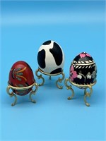 3 Wooden Hand Painted Eggs With Holders