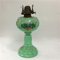 Green Glass Hand Painted Queen Anne Oil Lamp