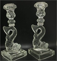 Pair Of Glass Dolphin Foot Candle Sticks