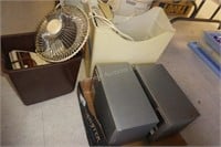 3 items - speakers, fan, and paper shredder