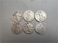 6-Silver Walking Half Dollars
