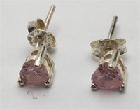 Sterling Silver Pink Stone Heart Stud Earrings