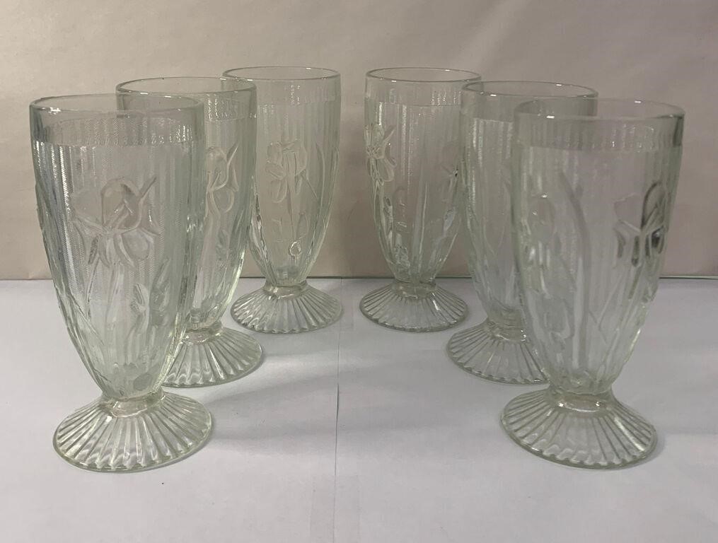 Set Of 6 Floral Footed Glass Goblets