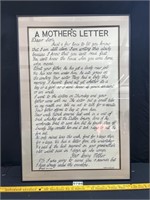 Large Framed "A Mother's Letter"