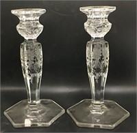 Pair Of Etched Glass Candle Holders