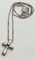 Sterling Silver Box Chain Necklace W Cross Pendant