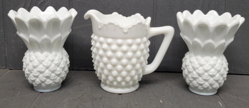 Fenton Milk Glass Pitcher w/ (2) Pineapple Vases