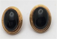 Pair Of 14k Gold And Black Jade Earrings