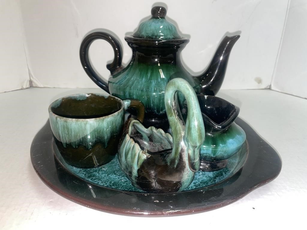 Blue Mountain Pottery Teapot, serving tray, cup,