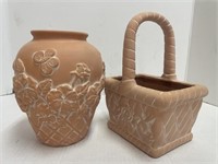 Ceramic 8” tall vase and plant holder basket.