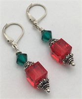 Sterling Silver Earrings W Red & Green Stones