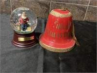 Santa snow globe and vintage bell decor