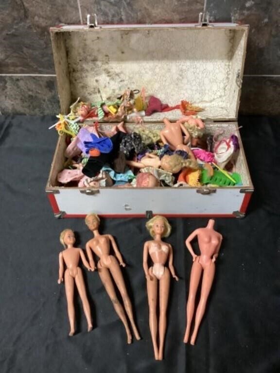 Vintage Barbies, clothing, carrying case
