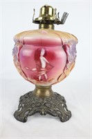 Vintage Woman Decorated Glass + Metal Oil Lamp