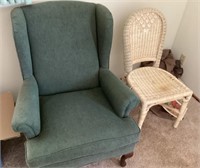 Blue wing back chair and small wicker chair