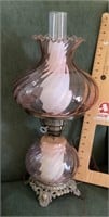 Electric table lamp with pink swirl glass