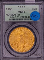 1908 $20 Double Eagle No Motto PCGS MS61