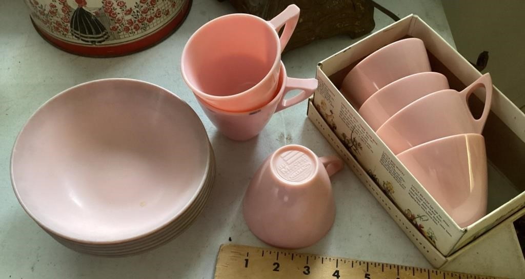 Pink Marcrest Melmac cups and bowls
