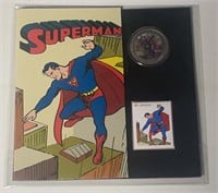 Canadian Mint Superman Silver colour coin + stamp