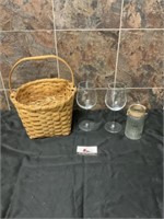Woven basket with long stem glasses