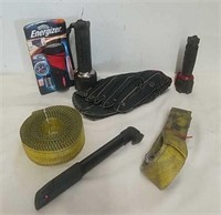 flashlights, a pump, baseball mitt and straps