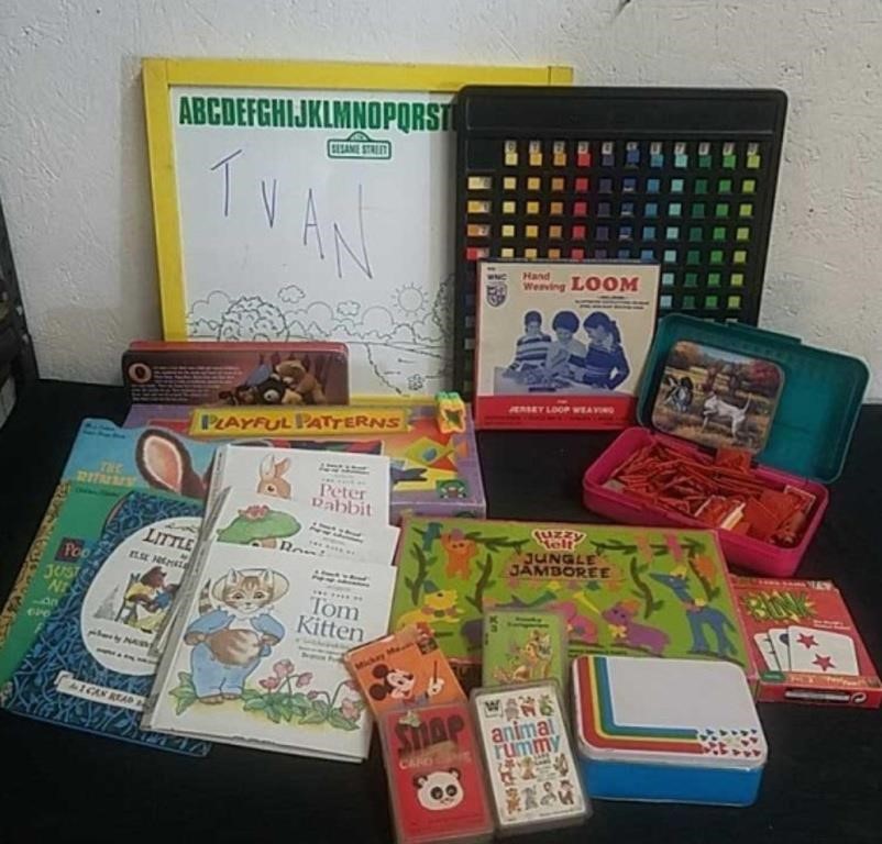 Vintage children's books and card games, a dry