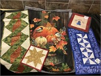 Quilted wall hanging, runners, hot pad holders