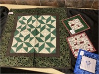 Quilted table topper and hot pad holders
