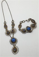 Costume Blue Stone Pendant Necklace & Bracelet