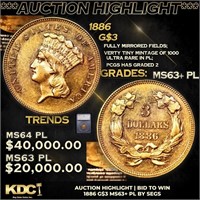 ***Auction Highlight*** 1886 Three Dollar Gold 3 G