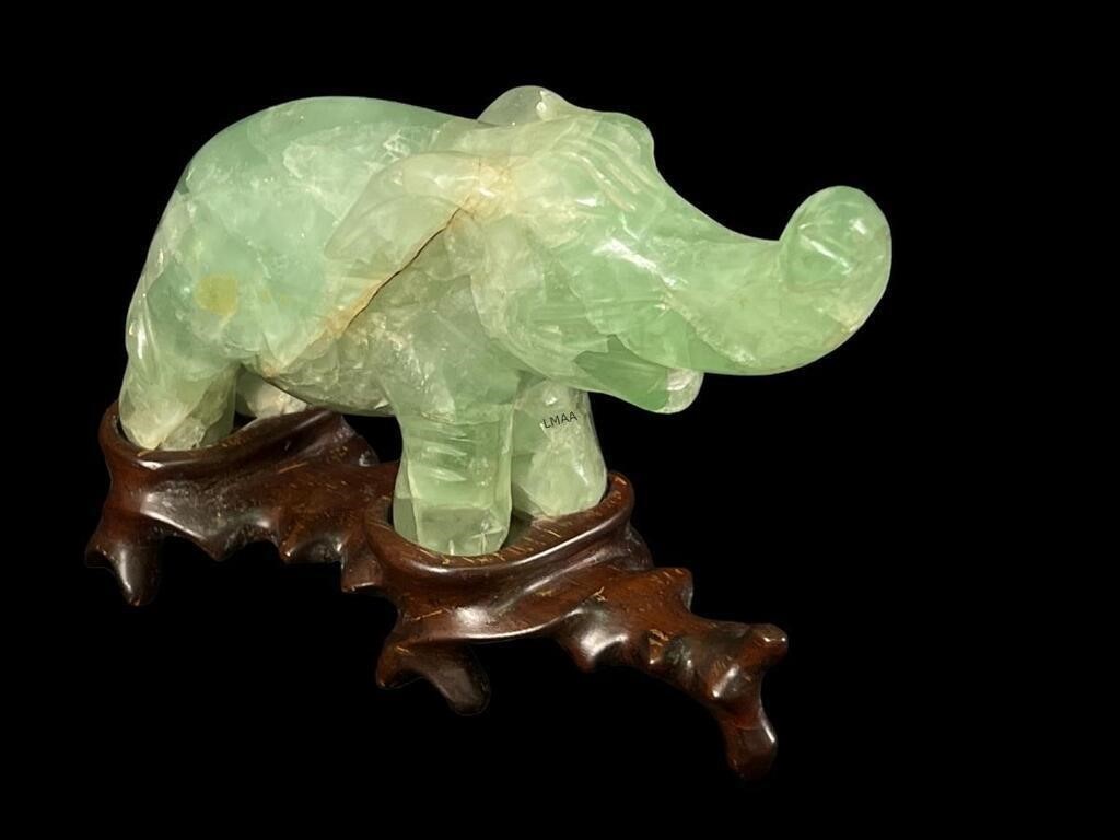 CARVED FLUORITE ELEPHANT ON STAND