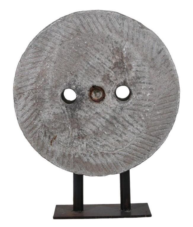 CHINESE MILLSTONE WHEEL SCULPTURE ON STAND