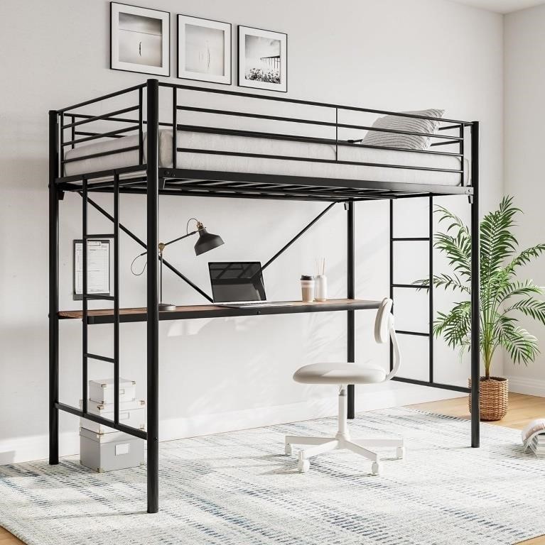 Loft Bed with Desk & 2 Built-in Ladders