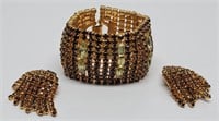 Amber Rhinestone 10 Row Bracelet & Earrings Set