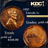 Proof 1937 Lincoln Cent 1c Grades Gem Proof Red