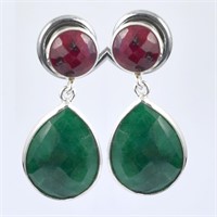 Emerald and Ruby Gemstone Dangler Earrings, 925 Si