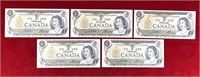5 Canadian 1973 sequential $1 bills.