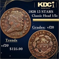 1828 13 STARS Classic Head half cent 1/2c Grades v