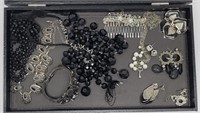 (13 pc) Black & Silver Tone Costume Jewelry
