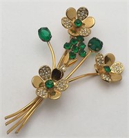Sterling Gold Tone Pin W Clear & Green Stones